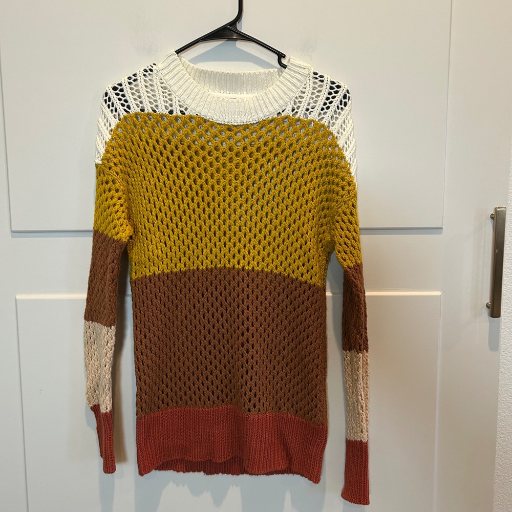 Alloy Colorblock Crochet Sweater White Yellow Brown Rust Women's Small Cottage‎